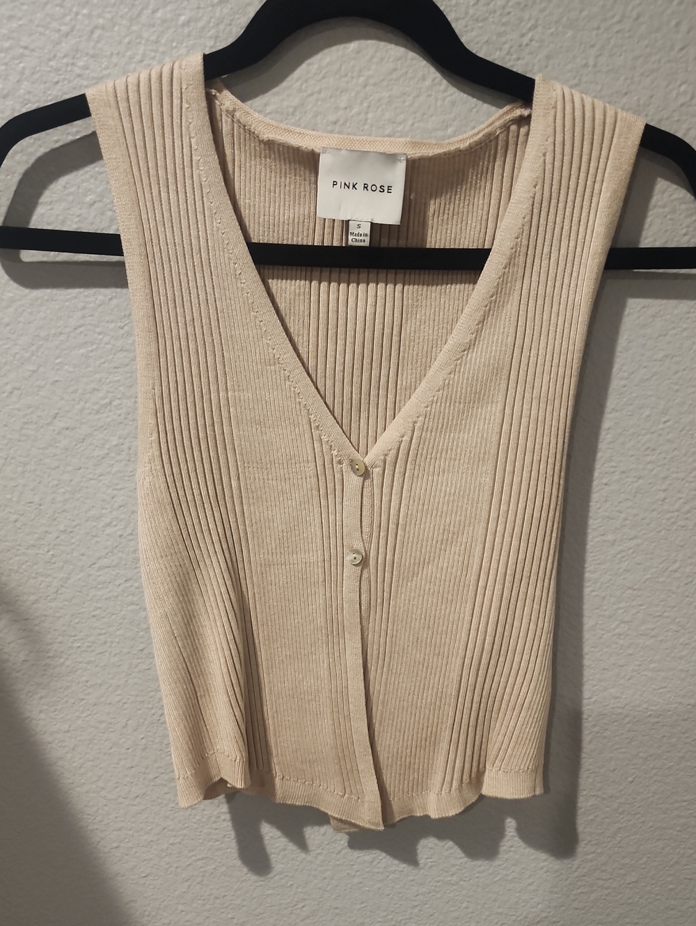 Pink Rose Beige Ribbed V-Neck Button Tank